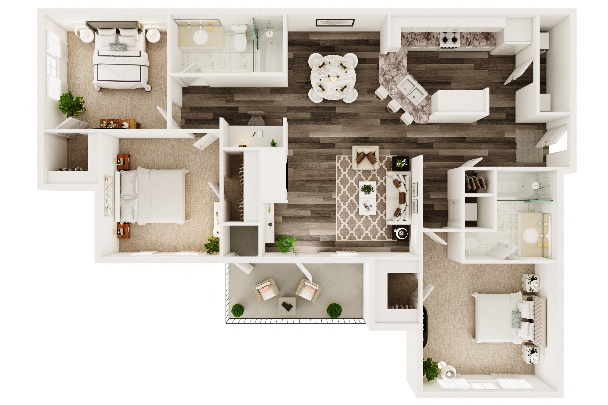 Floor plan for 3 beds, 2 baths, 1307 sqft